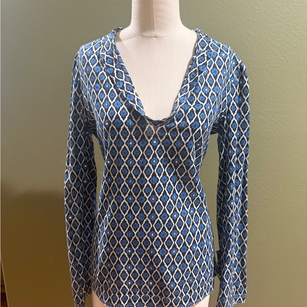 Tory Burch Blue and White Diamond Long Sleeve Top